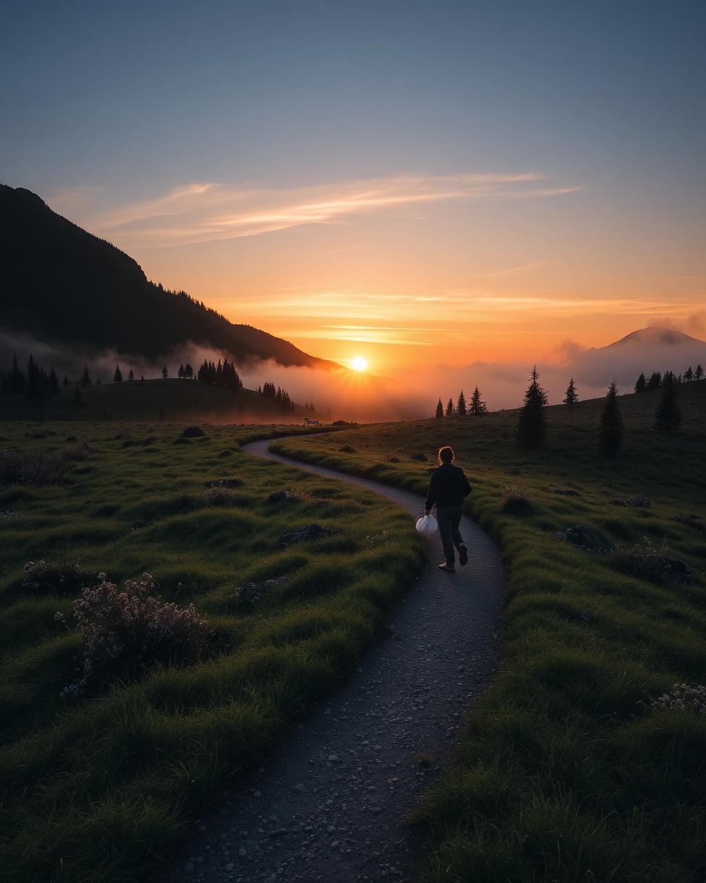 Sentiero serpeggiante in un prato alpino al tramonto