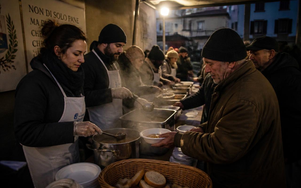 Volontari che servono pasti caldi in una cucina solidale al crepuscolo