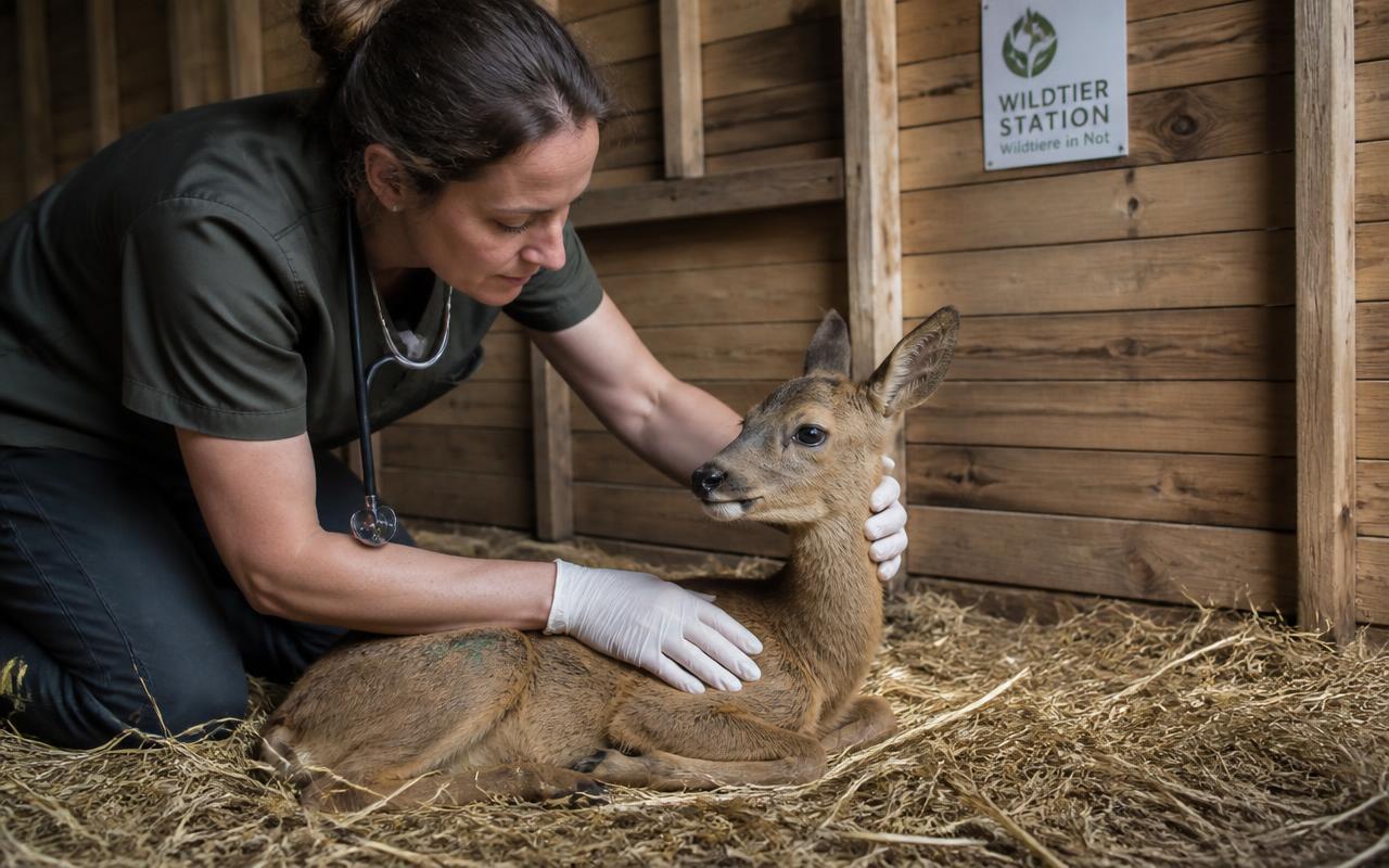 Veterinaria che visita un capriolo in un centro di cura per la fauna selvatica